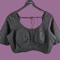 Black Chikankari and Sequin work Half Sleeves Blouse with Round Neckline