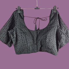 Black Hakoba Half Sleeves Blouse with Round Neckline