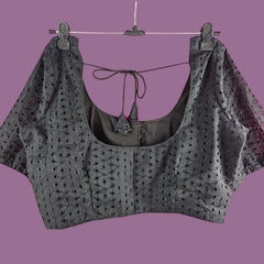 Black Hakoba Half Sleeves Blouse with Round Neckline