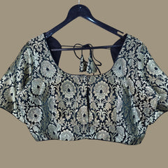 Mizaj Black Brocade Half Sleeves Blouse with Round Neckline