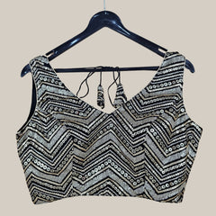 Black Zig-Zag Pattern Gold Sequin Blouse with V Neckline