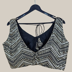 Black Zig-Zag Pattern Gold Sequin Blouse with V Neckline
