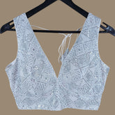 Silver Sequin Embellished White Base Blouse with V Neckline