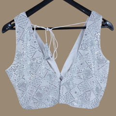Silver Sequin Embellished White Base Blouse with V Neckline