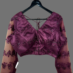 Nazakat Net Wine Color Blouse with sequin work with V Neckline