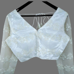 Nazakat Net Off - White Color Blouse with sequin work with V Neckline