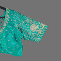 Peacock Embroidered Emerald Green Raw Silk Base Blouse with Round Neckline