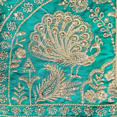 Peacock Embroidered Emerald Green Raw Silk Base Blouse with Round Neckline