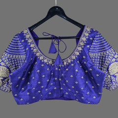Peacock Embroidered Royal Purple Raw Silk Base Blouse with Round Neckline