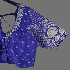 Peacock Embroidered Royal Purple Raw Silk Base Blouse with Round Neckline