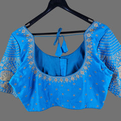 Peacock Embroidered Sky Blue Raw Silk Base Blouse with Round Neckline