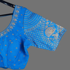 Peacock Embroidered Sky Blue Raw Silk Base Blouse with Round Neckline