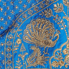 Peacock Embroidered Sky Blue Raw Silk Base Blouse with Round Neckline