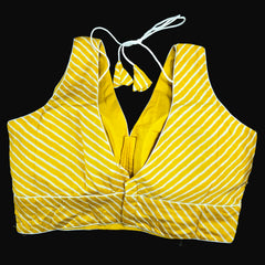 Yellow Leheriya Blouse with Attached Sleeves and V Neckline