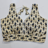 Ajarakh Print Cream Color Modal Silk Blouse with Attached Sleeves and Curvy V Neckline