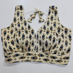 Ajarakh Print Cream Color Modal Silk Blouse with Attached Sleeves and Curvy V Neckline