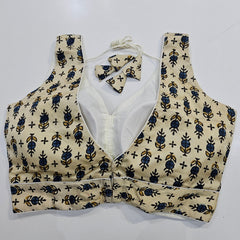 Ajarakh Print Cream Color Modal Silk Blouse with Attached Sleeves and Curvy V Neckline