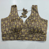 Ajarakh Print Dark Beige Color Modal Silk Blouse with Attached Sleeves and Curvy V Neckline