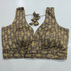 Ajarakh Print Dark Beige Color Modal Silk Blouse with Attached Sleeves and Curvy V Neckline