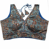 Ajarakh Print Cobalt Blue Modal Silk Blouse with Attached Sleeves and V Shape Neckline