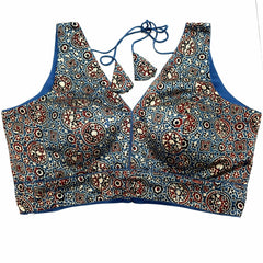 Ajarakh Print Cobalt Blue Modal Silk Blouse with Attached Sleeves and V Shape Neckline