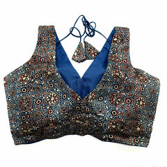 Ajarakh Print Cobalt Blue Modal Silk Blouse with Attached Sleeves and V Shape Neckline
