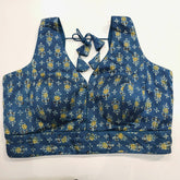 Ajarakh Print Indigo Blue Color Modal Silk Blouse with Attached Sleeves and Curvy V Neckline