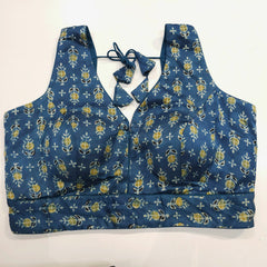 Ajarakh Print Indigo Blue Color Modal Silk Blouse with Attached Sleeves and Curvy V Neckline