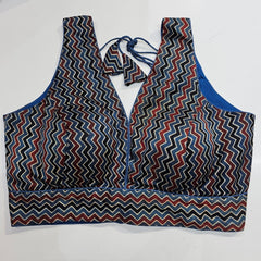 Ajarakh Print on Deep Blue Color Modal Silk Blouse with Attached Sleeves and V Neckline