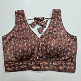 Ajarakh Print Purplish Brown Color Modal Silk Blouse with Attached Sleeves and Curvy V Neckline