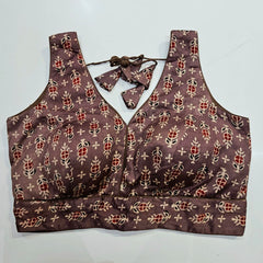 Ajarakh Print Purplish Brown Color Modal Silk Blouse with Attached Sleeves and Curvy V Neckline