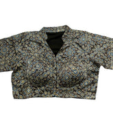 Ajarakh Print on Dark Brown Modal Silk Blouse with Sleeves and Collared Neckline