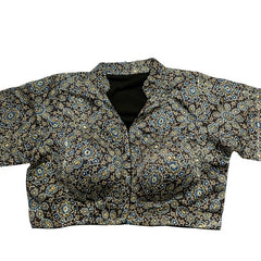 Ajarakh Print on Dark Brown Modal Silk Blouse with Sleeves and Collared Neckline