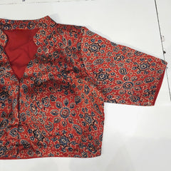 Ajarakh Print on Red Modal Silk Blouse with Sleeves and Collared Neckline