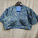 Ajarakh Print on Dark Cobalt Blue Color Modal Silk Blouse with Sleeves and Collared Neckline