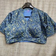 Ajarakh Print on Dark Cobalt Blue Color Modal Silk Blouse with Sleeves and Collared Neckline