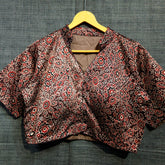 Ajarakh Print on Dark Brown Color Modal Silk Blouse with Sleeves and Collared Neckline