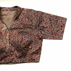 Ajarakh Print on Dark Brown Color Modal Silk Blouse with Sleeves and Collared Neckline
