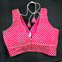 Rani Pink Leheriya Blouse with Attached Sleeves and V Neckline