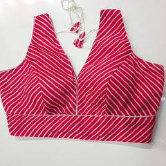 Fuschia Pink Leheriya Blouse with Attached Sleeves and V Neckline