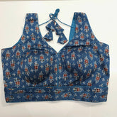 Ajarakh Print Indigo Blue Color Modal Silk Blouse with Attached Sleeves and Curvy V Neckline