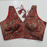 Ajarakh Print on Maroon Modal Silk Blouse with Attached Sleeves and V Shape Neckline