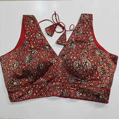 Ajarakh Print on Maroon Modal Silk Blouse with Attached Sleeves and V Shape Neckline