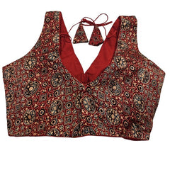 Ajarakh Print on Maroon Modal Silk Blouse with Attached Sleeves and V Shape Neckline