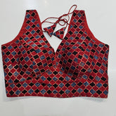 Ajarakh Print on Dark Red Modal Silk Blouse with Attached Sleeves and V Shape Neckline