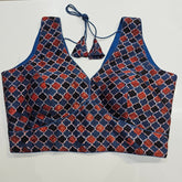 Ajarakh Print on Blue Modal Silk Blouse with Attached Sleeves and V Shape Neckline