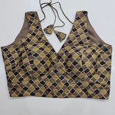 Ajarakh Print on Light Brown Modal Silk Blouse with Attached Sleeves and V Shape Neckline