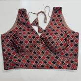 Ajarakh Print on Old Rose Color Modal Silk Blouse with Attached Sleeves and V Shape Neckline