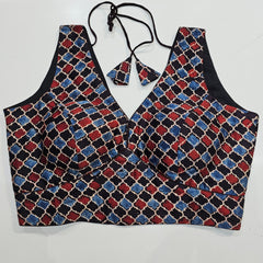 Ajarakh Print on Black Color Modal Silk Blouse with Attached Sleeves and V Shape Neckline