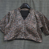 Ajarakh Print on Black Modal Silk Blouse with Sleeves and Collared Neckline